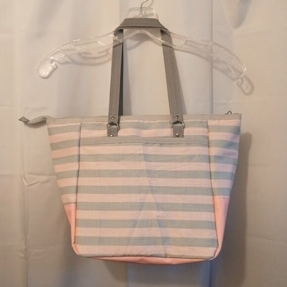 New Beach Tote Shopper shoulder Bag Pink Gray stripe Double handle Carryall Purs - Picture 6 of 8
